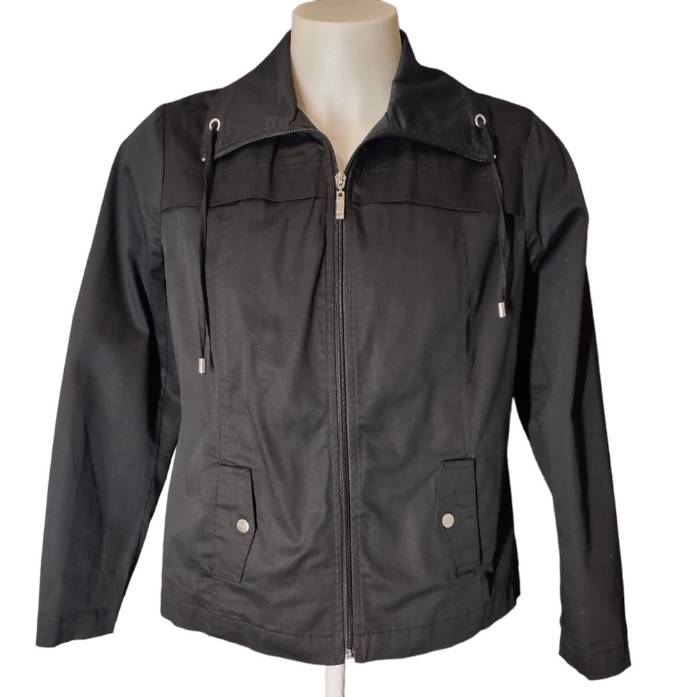 Studio Works Jacket Large Woman's Full Zip 2 Pockets Light Coat Spandex Black @
